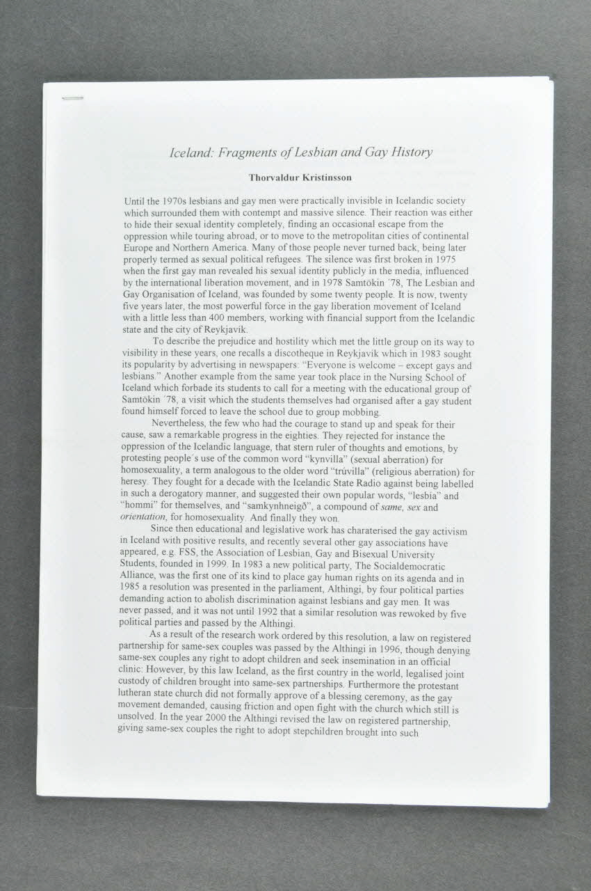 Samtokin 78 Rapport Thorvaldur Kristinsson, Iceland : Fragments of Lesbian and Gay History" (Islande. Fragments d'histoire Gay et Lesbienne) Islande 2003 2004.58.2 Photo Mucem