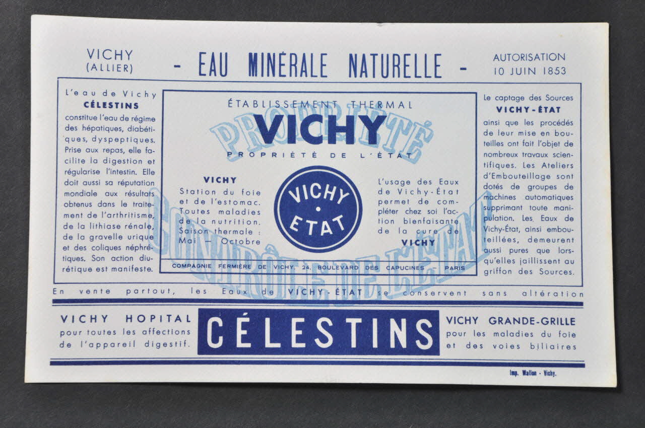 PROSPECTUS PUBLICITAIRE Etiquette eau minérale Vichy Célestins 2006.164.2 Photo Mucem