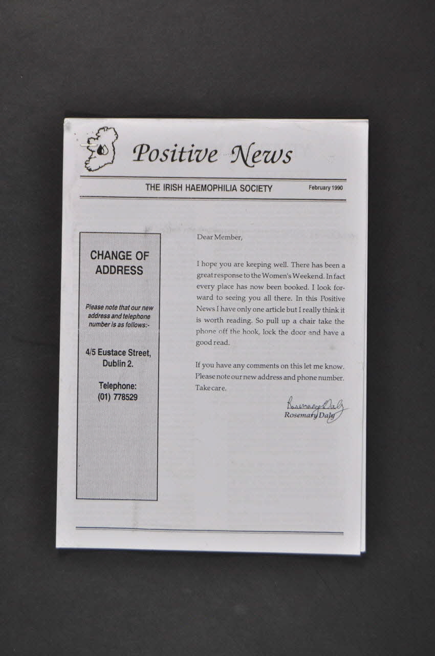 Irish Haemophilia Society Bulletin associatif Positive news. The Irish Haeemophilia society, février 1990 / Living with HIV Positivity Irlande 1990/2 2006.29.3  Photo Mucem