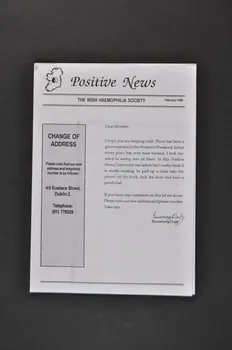 Irish Haemophilia Society Bulletin associatif Positive news. The Irish Haeemophilia society, février 1990 / Living with HIV Positivity Irlande 1990/2 2006.29.3  Photo Mucem