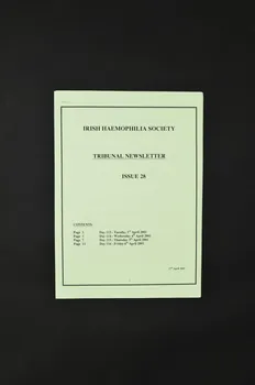 Irish Haemophilia Society Rapport Irish Haemophilia Society Tribunal News. Issue 28,  17 avril 2001. Tribunal of Inquiry into the infection with HIV and Hepatitis C of persons with Haemophilia and related matters. Auditions des 3,4,5,6 avril 2001. (113 ème au 116 ème jour ) : dépositions du St James' Hospital Irlande 2001 2006.29.34 Photo Mucem