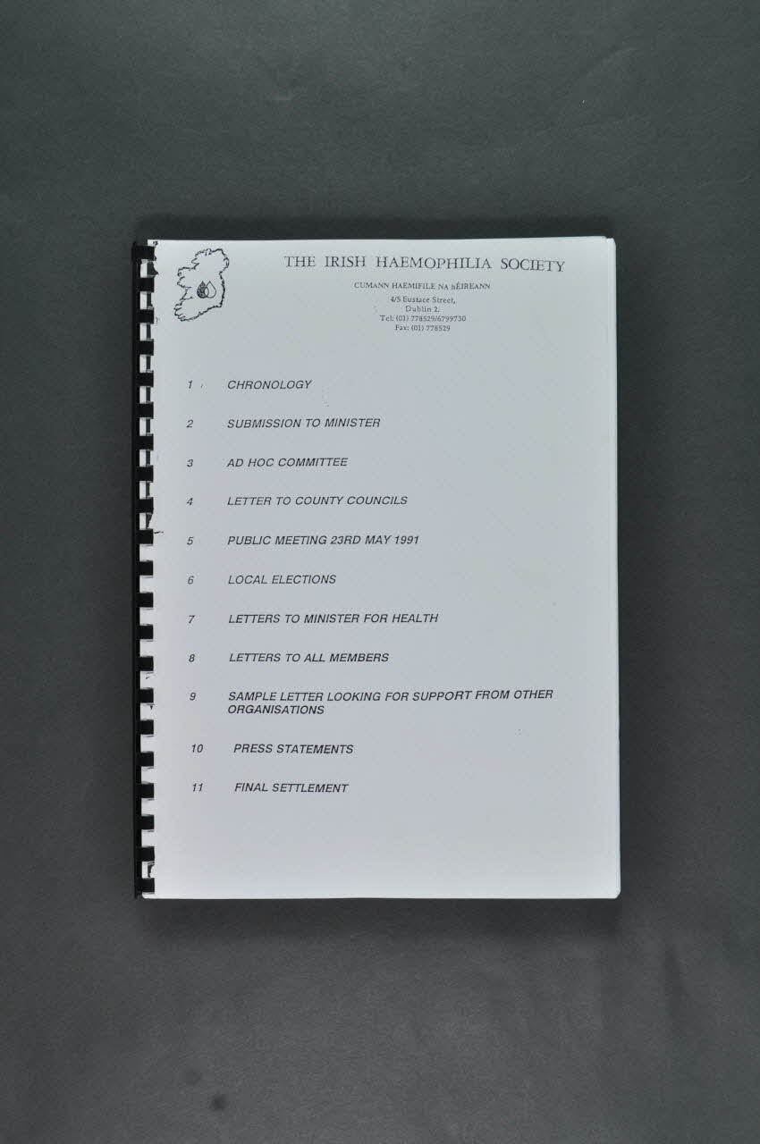 Irish Haemophilia Society BROCHURE "Chronology for campaign for out of court settlement. December 1990 - July 1991" Irlande 1991 2006.29.5 Photo Mucem