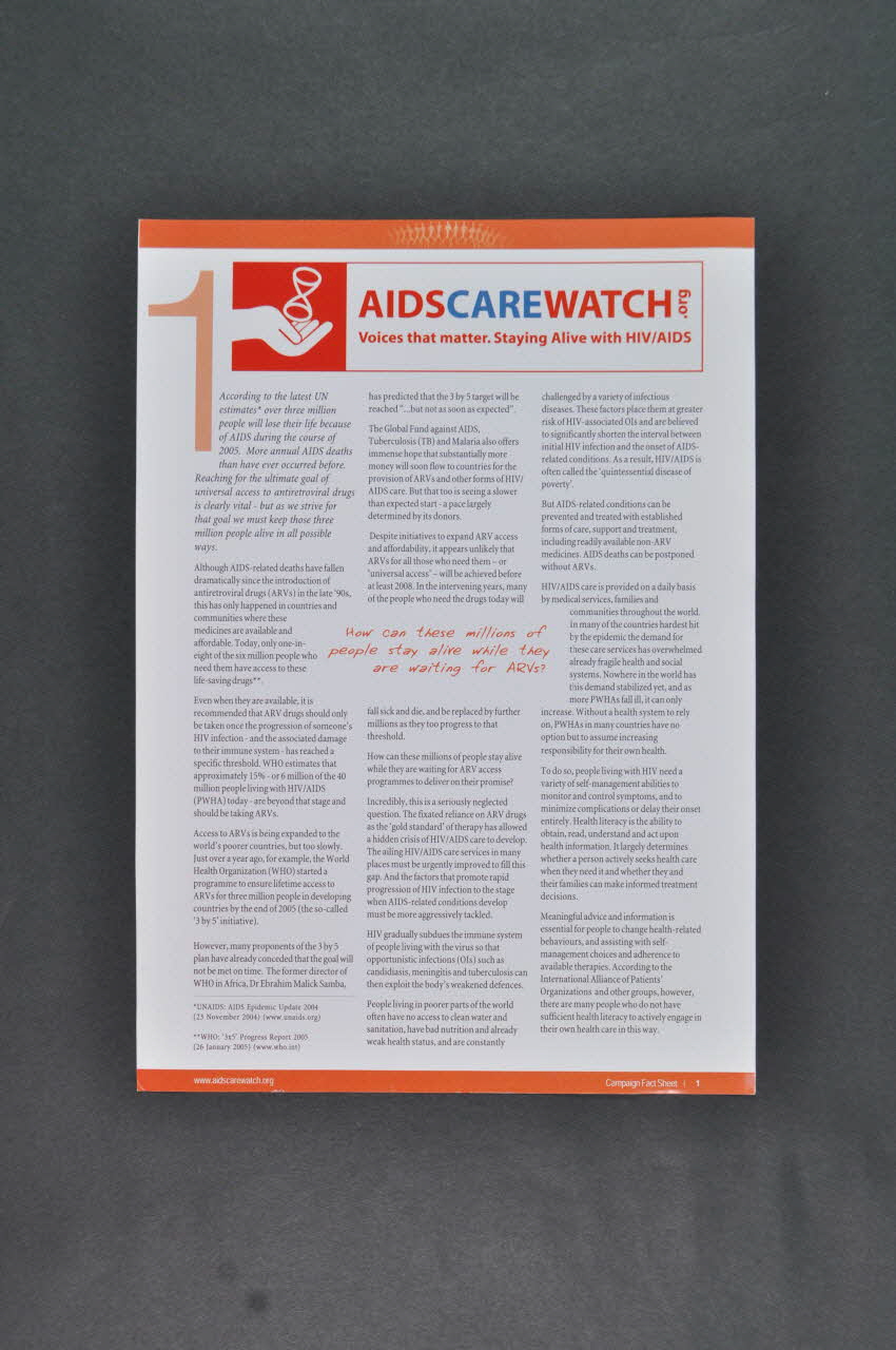 Health And Development Network, Irlande Et Feuille d'information Aids Care watch . Campaign Fact Sheet (Feuille d'information sur la campagne) Irlande 2005/7 2006.30.31 Photo Mucem
