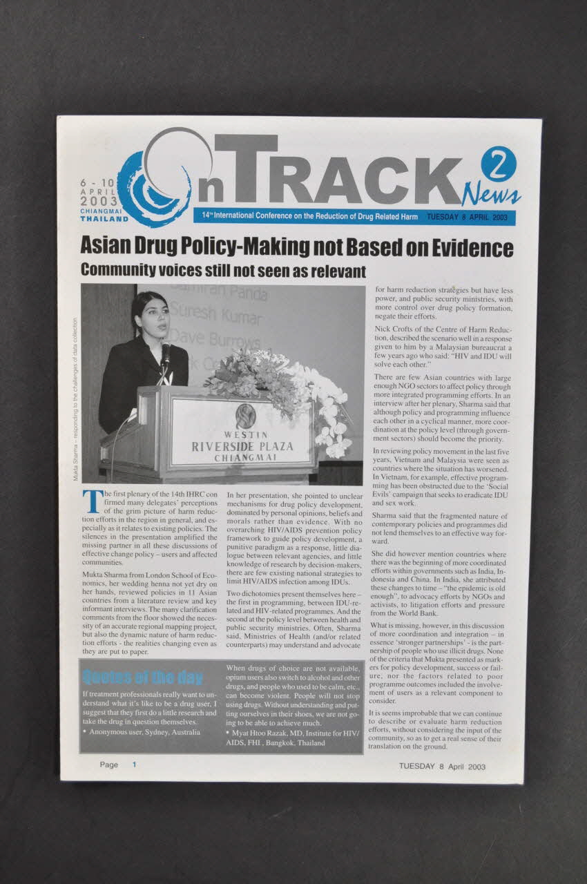 Health And Development Network, Irlande Et Bulletin associatif "On track", 14 th international conference on drug related harm, 8/4/03, n° 2 : "Asian drug policy ... Community voices still not seen as relevant" (Police des drogues en Asie.. Les voix de la communauté ne sont toujours pas écoutées) Irlande 2003 2006.30.41 Photo Mucem