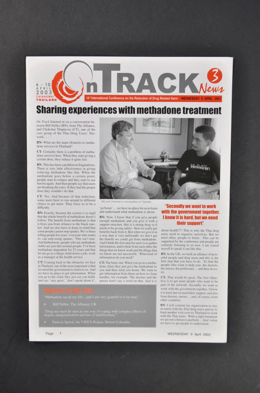 Health And Development Network, Irlande Et Bulletin associatif "On track", 14 th international conference on drug related harm, 9/4/03, n° 3 : "Sharing experiences with methadone treatment" (Partage d'expériences avec les traitements par la méthadone) Irlande 2003 2006.30.42 Photo Mucem