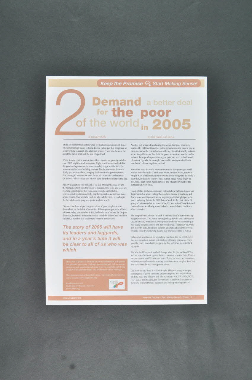 Health And Development Network, Irlande Et Fichier "Keep The Promise. Start making sense" (Tenez la promesse. Commencez à lui donner un sens" / n° 2  Demand a better deal for the poor of the world in 2005 (Demandez une meilleure distribution pour les pauvres du monde en 2005) Irlande 2005/1 2006.30.45.1-2 Photo Mucem