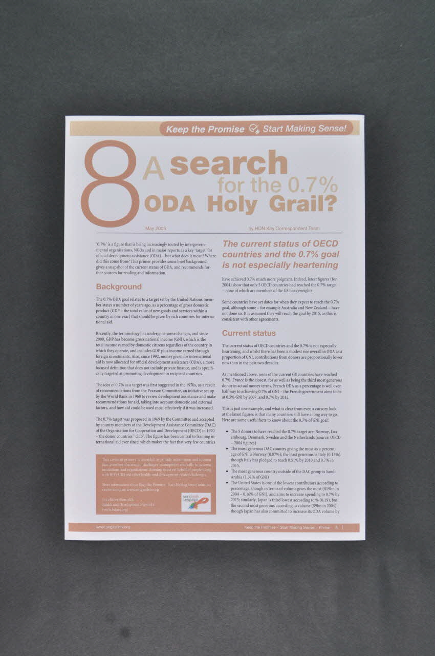 Health And Development Network, Irlande Et Fichier "Keep The Promise. Start making sense" (Tenez la promesse. Commencez à lui donner un sens" / n°8 A search for the 0,7 % ODA Holy Grail ? (Official Development Assistance) Irlande 2005/5 2006.30.50.1-2 Photo Mucem