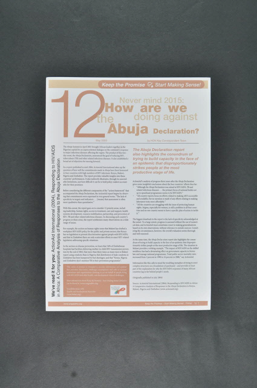 Health And Development Network, Irlande Et Fichier "Keep The Promise. Start making sense" (Tenez la promesse. Commencez à lui donner un sens" / n°12 "How are we doing against the Abuja declaration" Irlande 2005/5 2006.30.53 Photo Mucem
