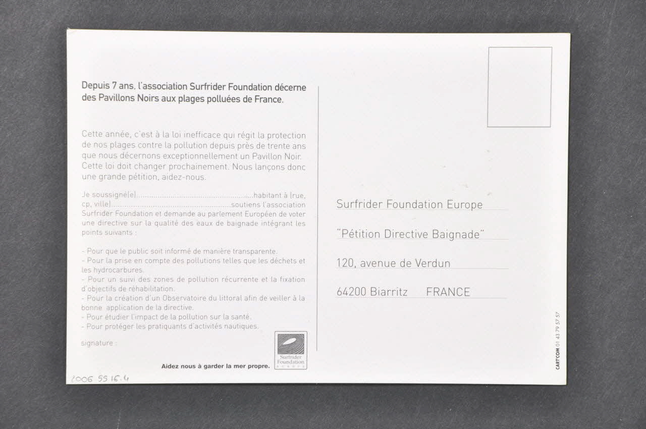 carte postale Support de communication de la Surfrider Foundation Europe 2006.55.16.4 Photo Mucem