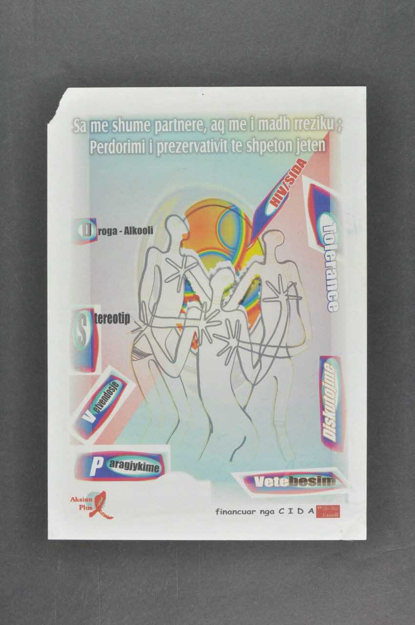 affiche "Sa me shume paartnere, aq me i madh rreziku ; Perdorimi i prezervativit te shpeton jeten" (préservatif et seringue jetable) (traduire) 2006.64.25 Photo Mucem
