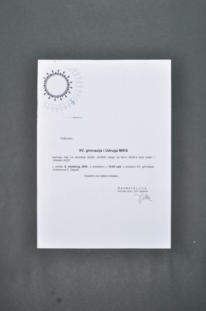 INVITATION Invitation à l'exposition "Gledam AIDS" (Regards sur le sida) Croatie 2005 2006.66.1 Photo Mucem