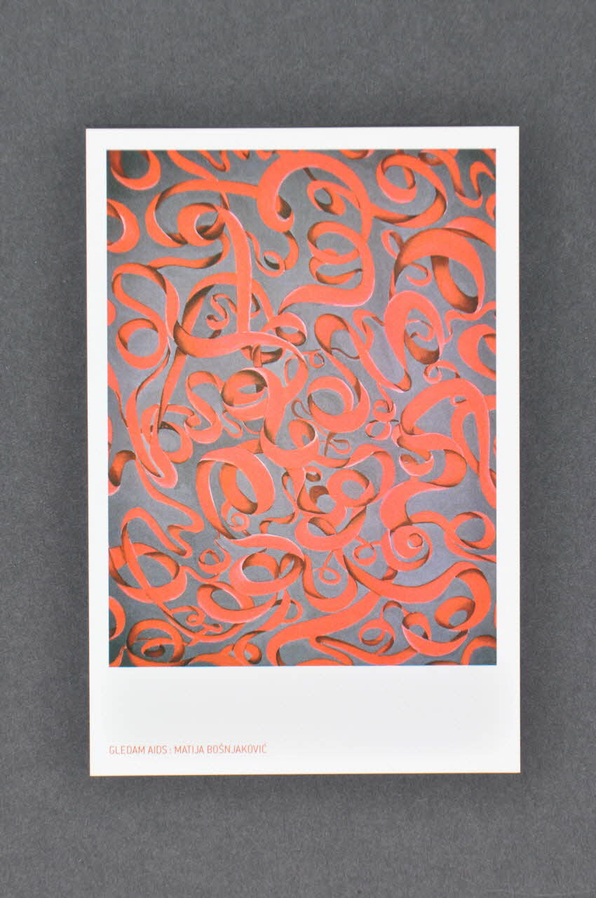 carte postale "Gledam AIDS" par la graphiste designer Matija Bosnjakovic (ruban rouge) Croatie 2005 2006.66.18 Photo Mucem