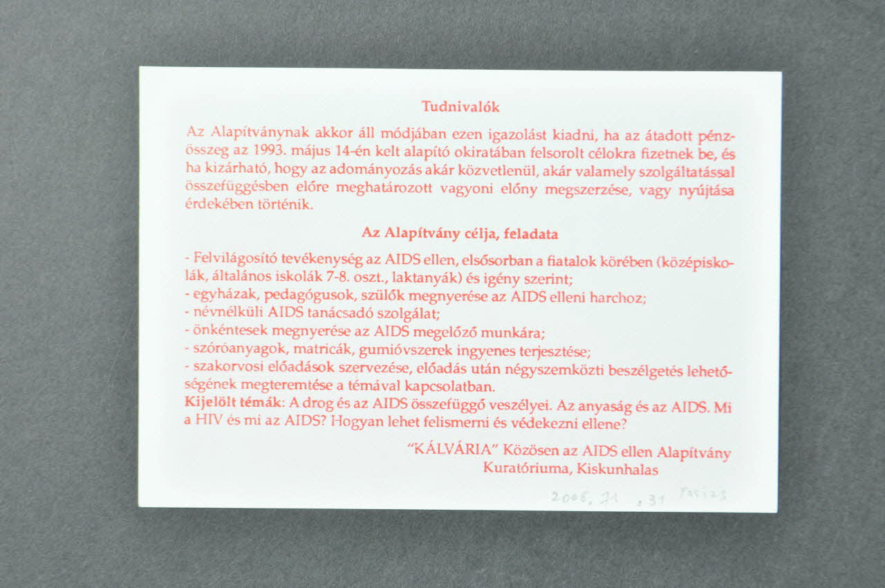 Kalvaria Aids Bulletin de souscription "Igzolas / Adocsökkentö levonasra jogosit !" Hongrie 2006 2006.71.31 Photo Mucem