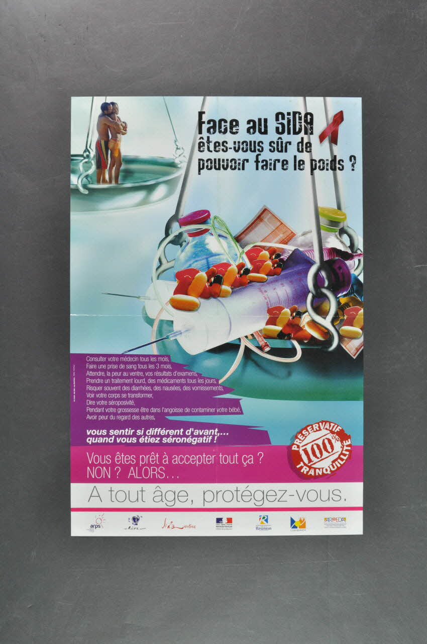 Association Réunionnaise pour la Prévention du SIDA affiche "Face au Sida, êtes vous sûr de faire le poids ? / Vous sentir différent d'avant... quand vous étiez séronégatif / Vous êtes prêt à accepter tout ça ? Non ? Alors... / A tout âge, protégez-vous." La Réunion, France 2006 2006.80.2 Photo Mucem