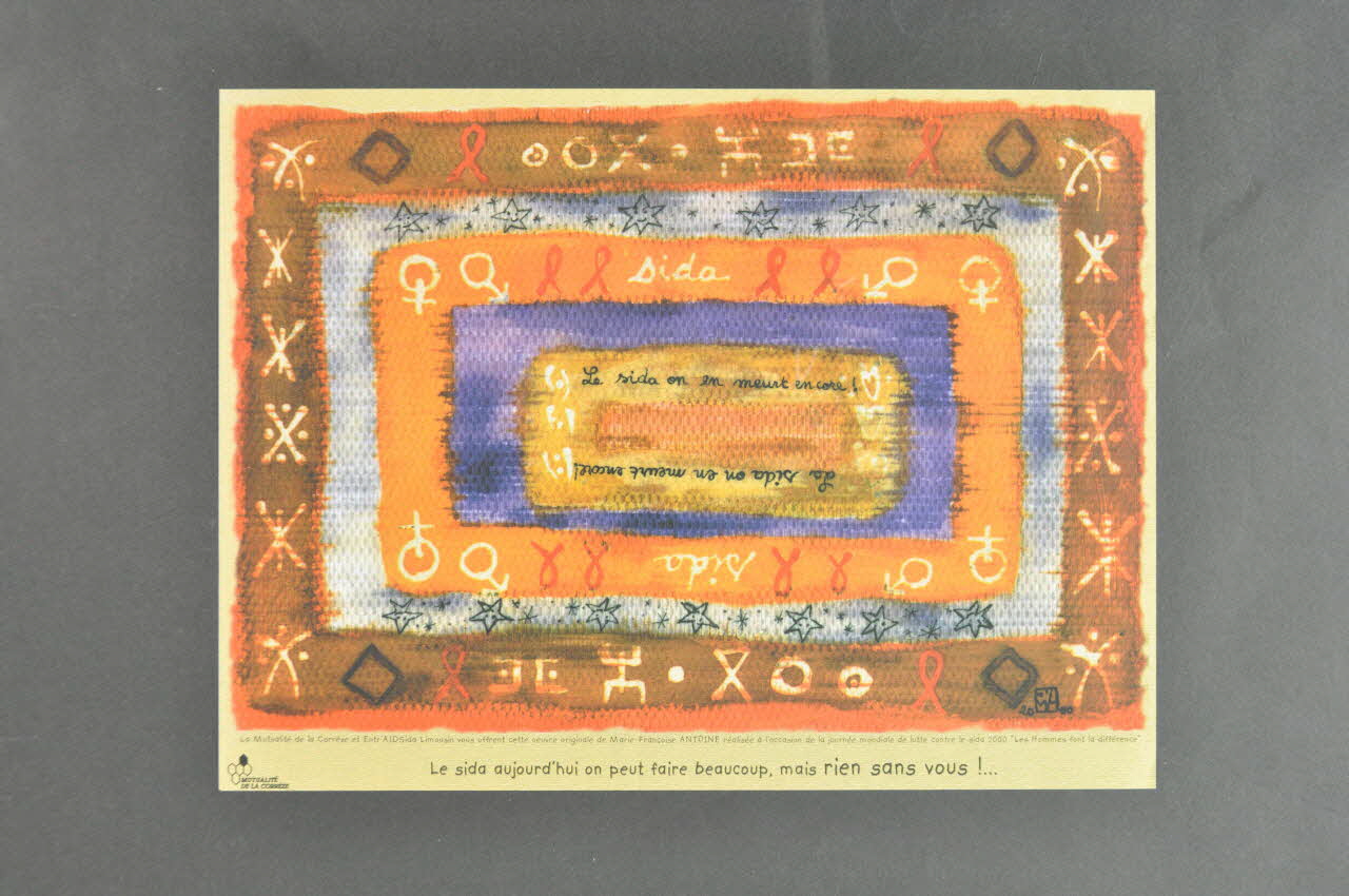 Entr'aidsida Limousin set de table "Le sida on en meurt encore / Le sida aujourd'hui on peut faire beaucoup mais rien sans vous !" Limousin, France 2000 2006.81.2 Photo Mucem