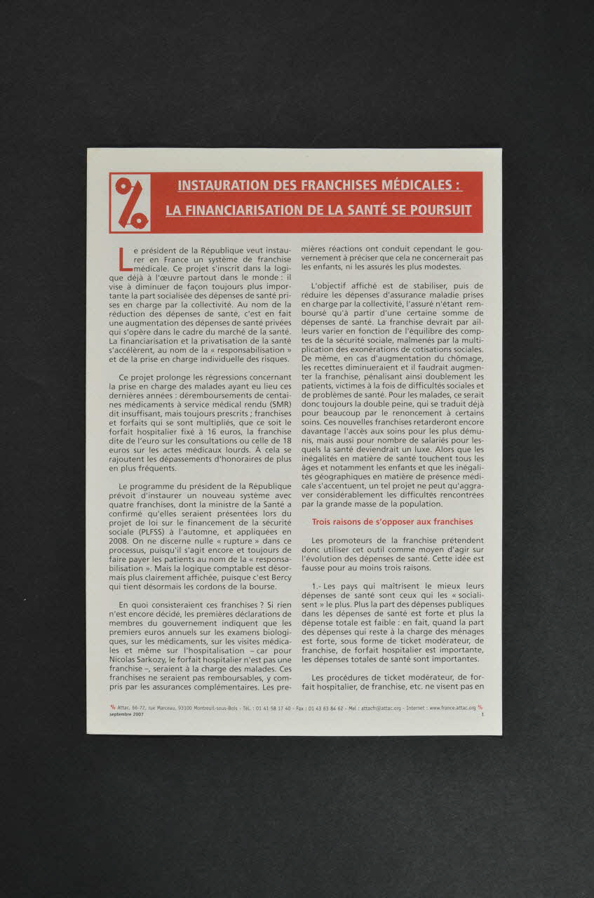 Attac tract Instauration des franchises médicales France 2007 2008.3.15 Photo Mucem
