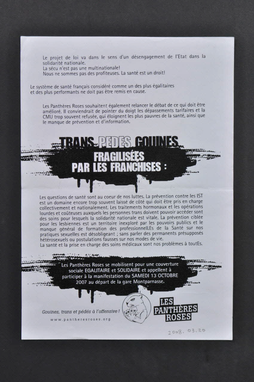 Les Panthères Roses tract "Une santé égalitaire, une santé féministe, une santé non moraliste" France 2007 2008.3.20 Photo Mucem