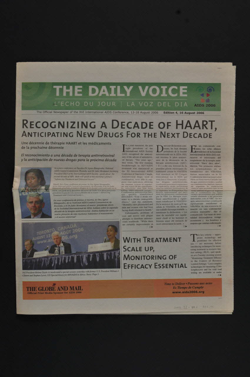 Conférence Internationale Du Sida BROCHURE Journal officiel de la conférence, n°3, 15 août 2006 (en anglais, français et espagnol) International 2006/8/15 2008.32.106.1-3 Photo Mucem