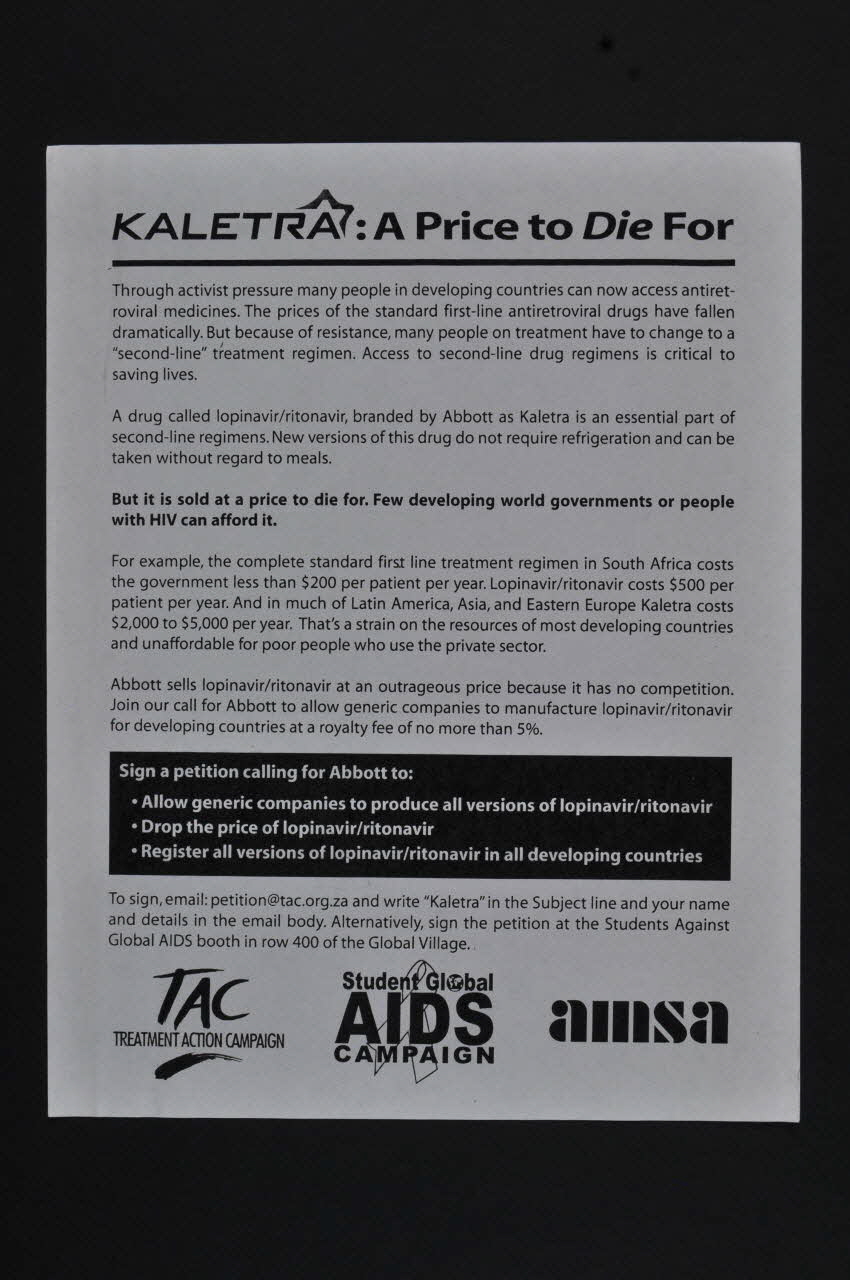 Treatment Action Campaign, Student Global Aids tract "Kaletra. A price to die for" (Kaletra. Un prix pour mourir) International 2006 2008.32.163 Photo Mucem