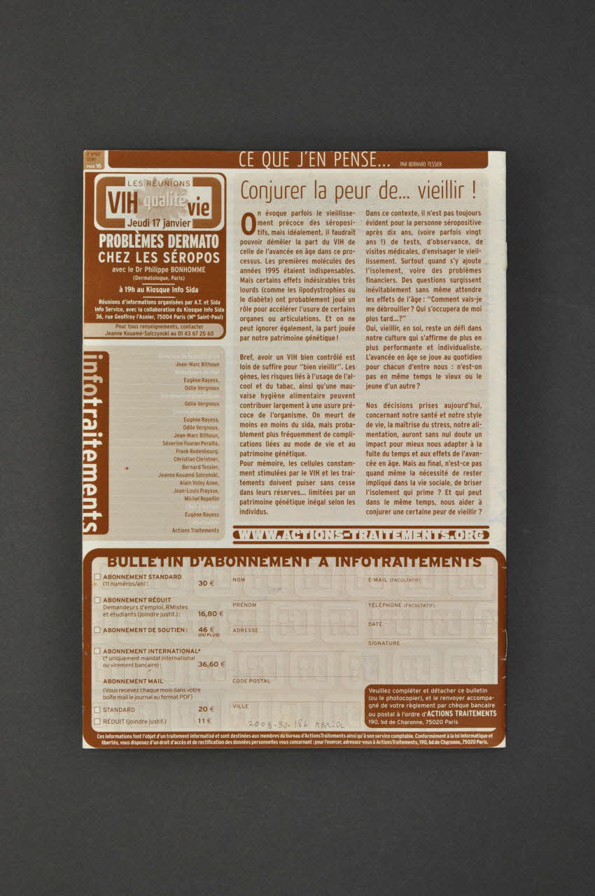 Actions Traitements revue Infotraitements n°167, décembre 2007 : "Comment va-t-on vieillir avec le VIH ?" France 2007/12 2008.32.186 Photo Mucem