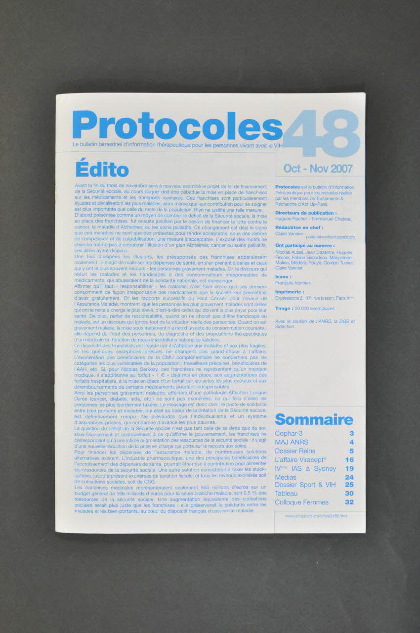 Act Up-Paris revue "Protocoles", n° 48, octobre, novembre 2007 : Le projet de loi de financement de la Sécurité sociale" France 2007 2008.32.190 Photo Mucem