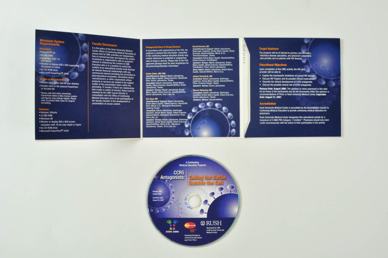 R&R Healthcare Communications CD (compact disque) "CCR5 Antagonists : Taking the battle outside the cell" (Antagonistes CCR5. Mener la bataille en dehors de la cellule) International 2006/8 2008.32.82.1-2 Photo Mucem