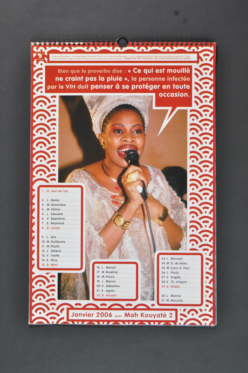 Association Afrique Avenir calendrier Bien que le proverbe dise : "ce qui est mouillé ne craint pas la pluie", la personne infectée par le VIH doit penser à se protéger en toute occasion." France 2006 2008.33.4 Photo Mucem