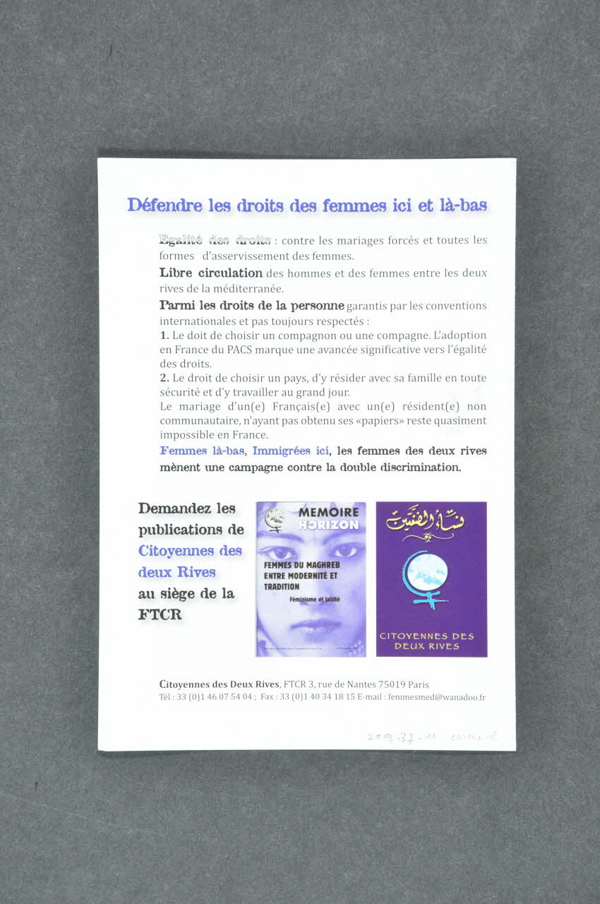 Fédération des Tunisiens pour une Citoyenneté des deux Rives (FTCR) Dépliant Citoyennes ici. Citoyennes là-bas France 2007 2008.37.11  Photo Mucem
