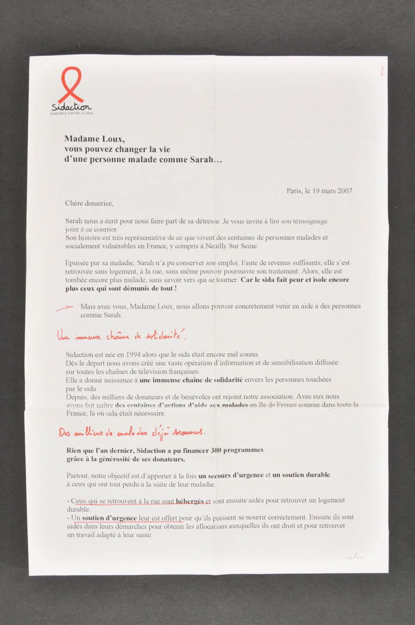 Sidaction - Ensemble Contre Le Sida lettre "Vous pouvez changer la vie d'une personne touchée par le sida" France 2007 2008.4.6.2 Photo Mucem