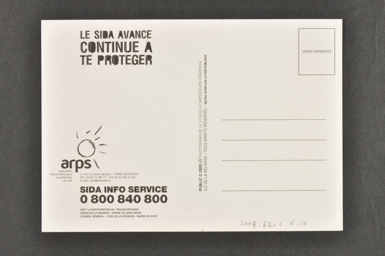 Association Réunionnaise pour la Prévention du SIDA carte postale "No Sida" La Réunion, France 2005 2008.62.1 Photo Mucem