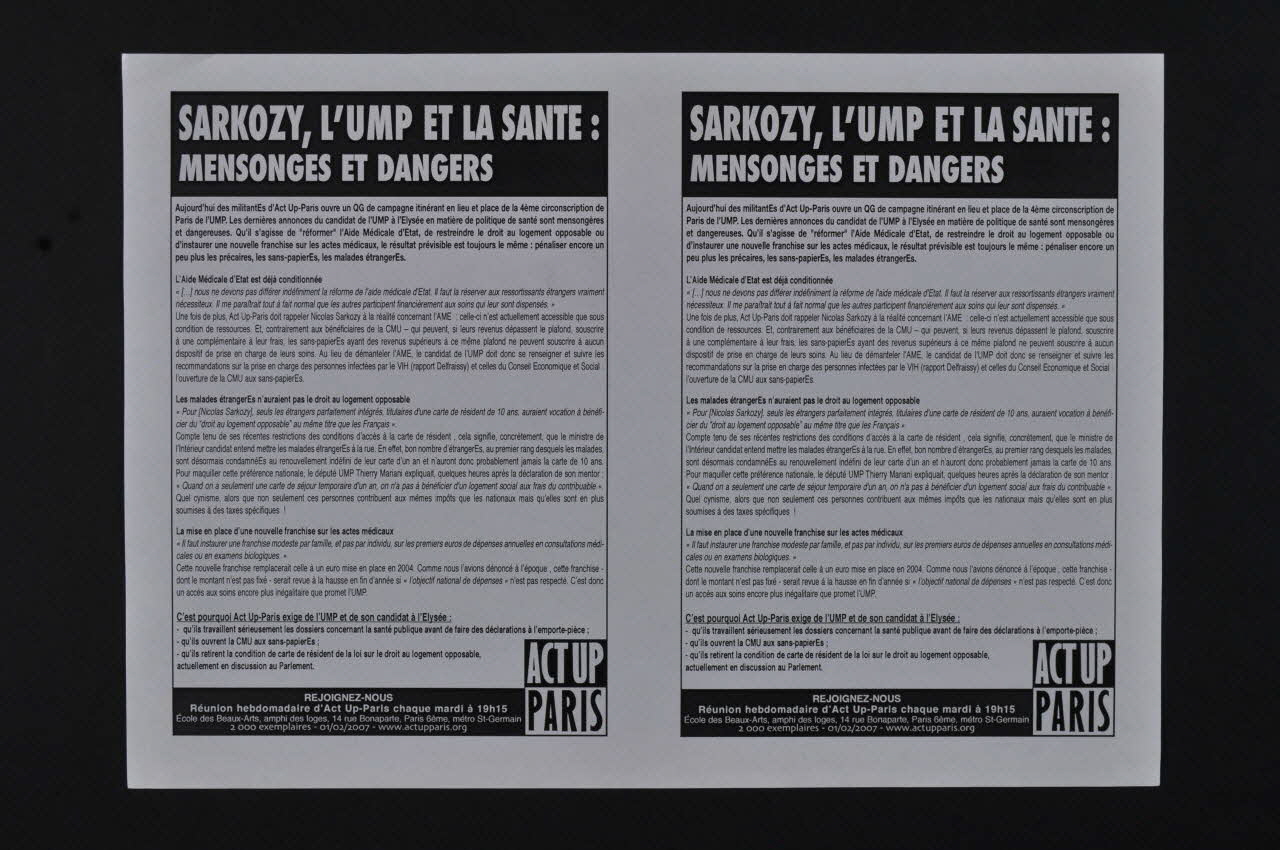 Act Up-Paris tract "Sarkozy, l'UMP et la santé : mensonges et dangers" Île-de-France, France 2007 2008.9.41 Photo Mucem