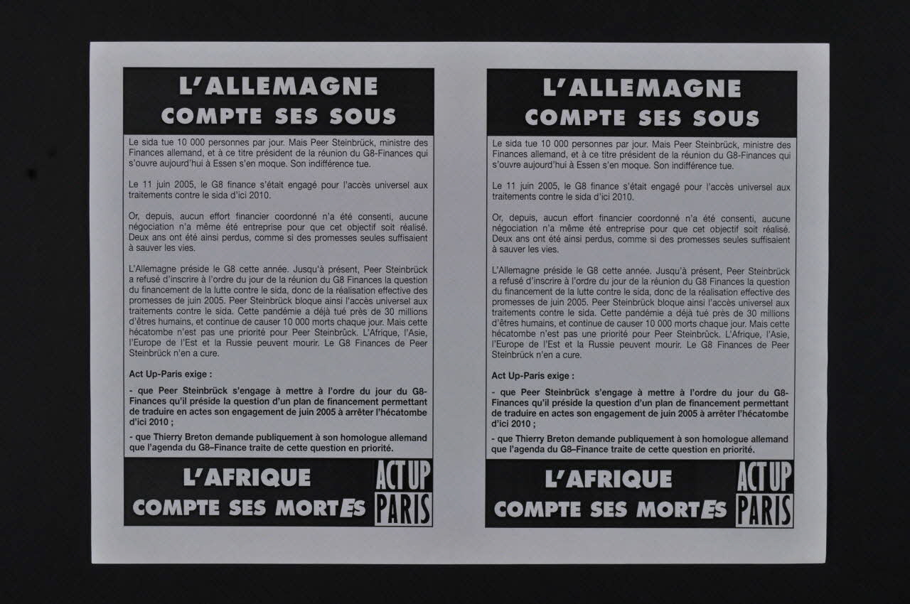 Act Up-Paris tract "L'Allemagne compte ses sous / L'Afrique compte ses morts" Île-de-France, France 2007/2/6 2008.9.43 Photo Mucem