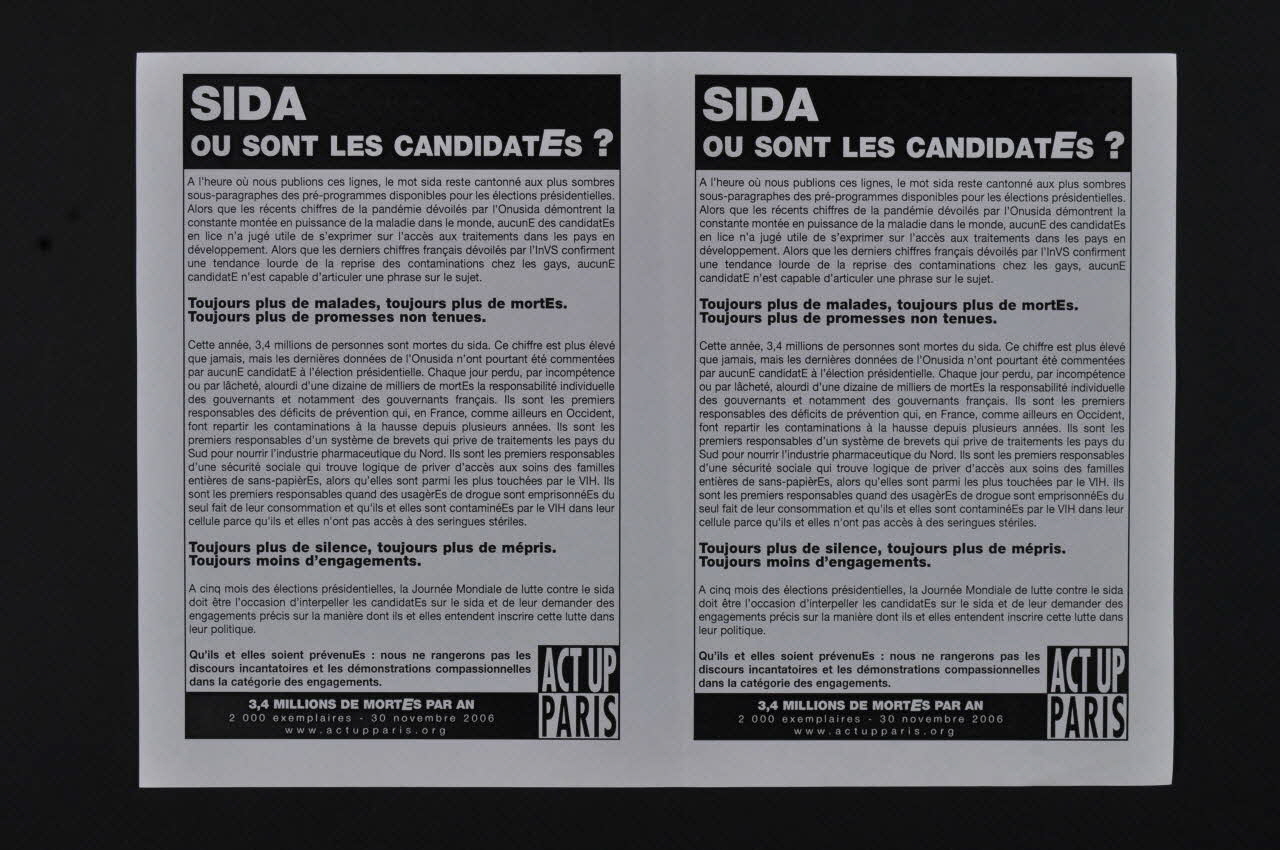 Act Up-Paris tract "Sida : où sont les candidat-e-s ? Île-de-France, France 2006/11/30 2008.9.48 Photo Mucem