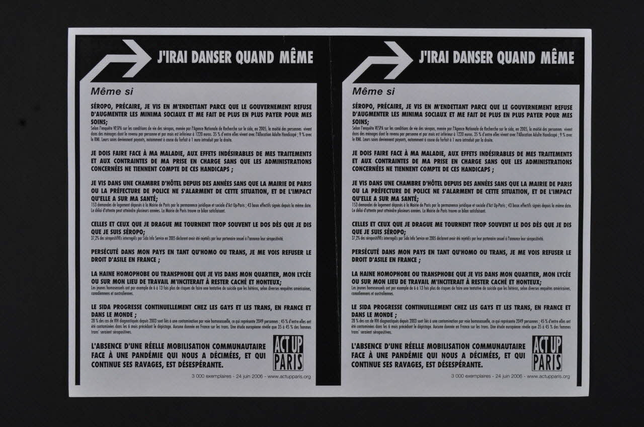 Act Up-Paris tract "J'irai danser quand même / même si..." Île-de-France, France 2006/6/24 2008.9.49 Photo Mucem
