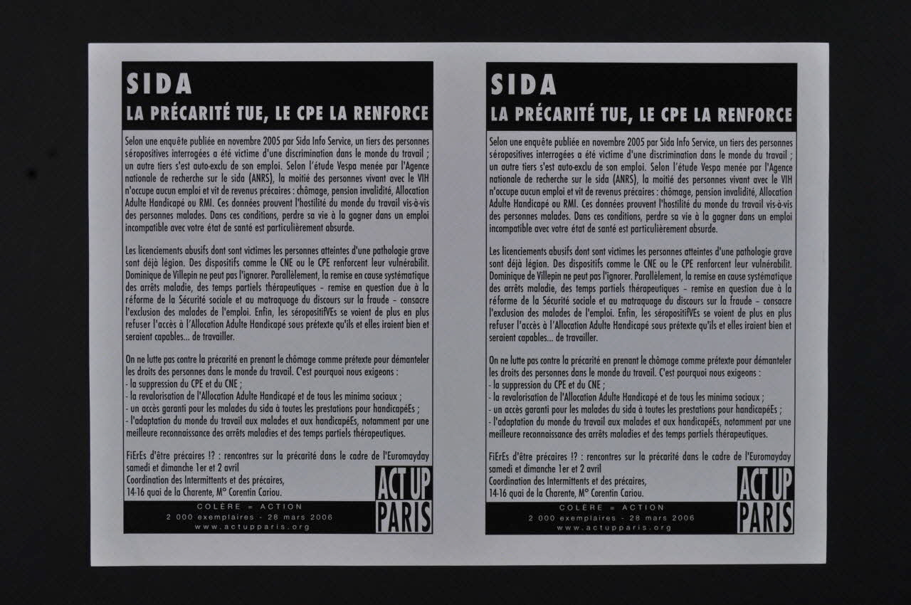 Act Up-Paris tract "Sida. la précarité tue, le CPE la renforce." Île-de-France, France 2006/3/28 2008.9.60 Photo Mucem