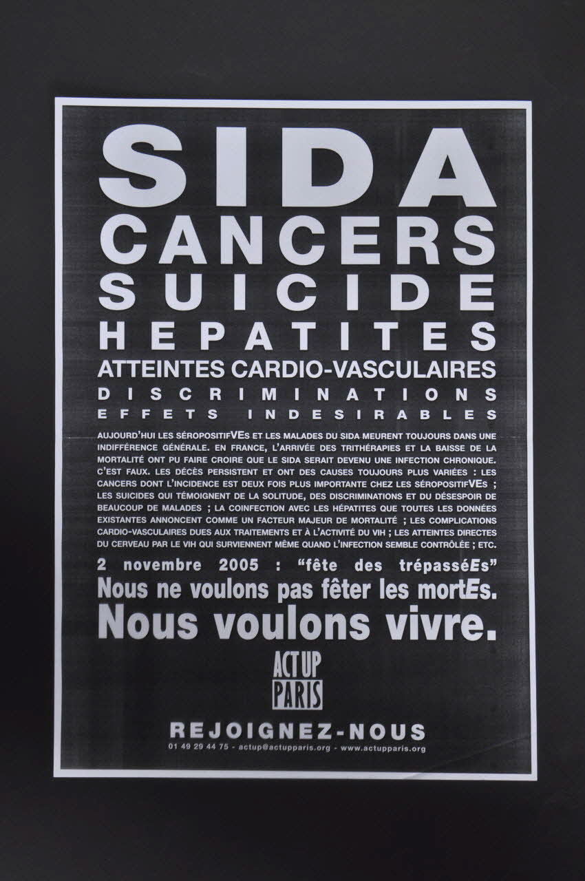 Act Up-Paris affiche "2 novembre 2005 : fête des trépasséEs? Nous ne voulons pas fêter les mortEs. Nous voulons vivre." Île-de-France, France 2005/11 2007.14.2 Photo Mucem