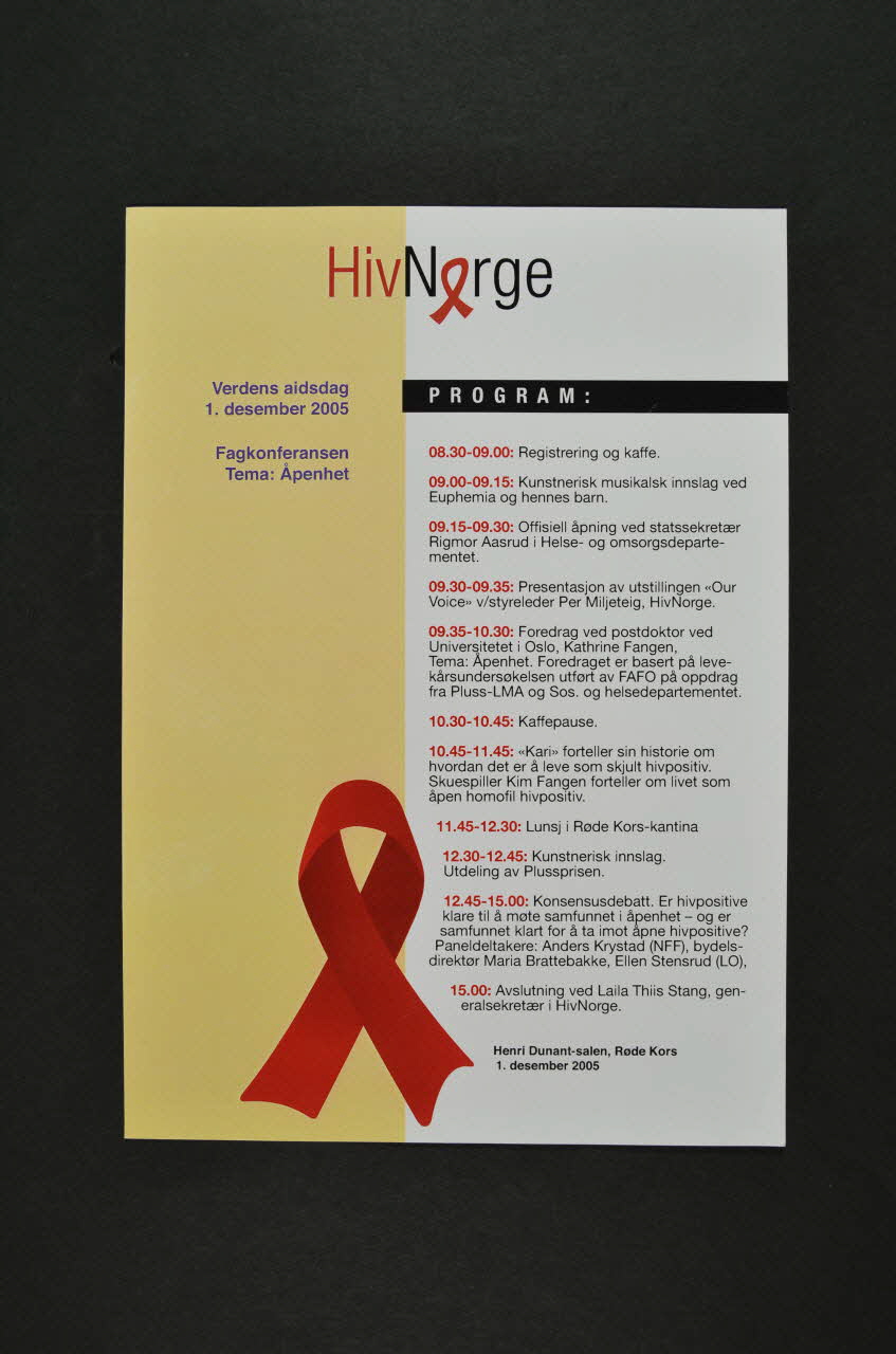 HIV Norge programme "Verdens aidsdag 1. desembre 2005 " (Programme de la journée mondiale du sida 1er décembre 2005) Norvège 2005 2007.18.9 Photo Mucem