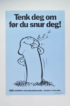 Helsedirektoratet affiche "Tenk deg om for du smur deg !" (bonhomme préservatif sifflant) (traduction ?) Norvège 1988 2007.20.10  Photo Mucem