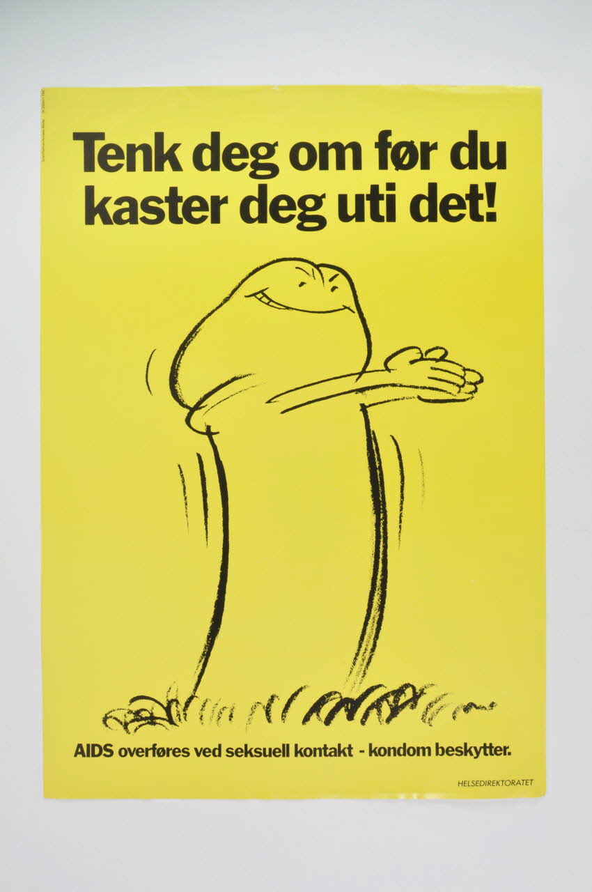Helsedirektoratet affiche "Tenk deg om for du kaster deg uti det  !" (bonhomme préservatif dansant) (traduction ?) Norvège 1988 2007.20.11 Photo Mucem