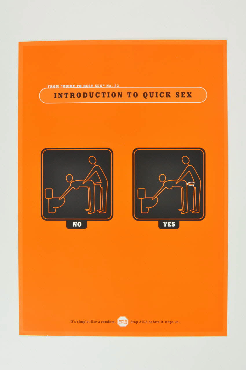 All-Ukrainian Network Of PLWH / Aids Foundation affiche "Introduction to quick sex" /  "It"s simple. Use a condom. Stop AIDS before it stops us" (Introduction au sexe rapide / C'est simple. Utilisez un préservatif. Arrêtez le sida avant qu'il nous arrête) Ukraine 2005 2007.26.5 Photo Mucem