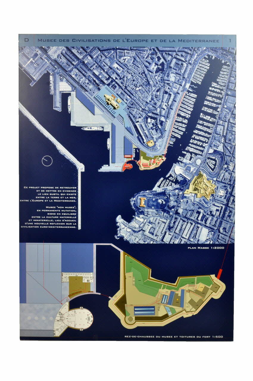 Andrea Bruno ; Sophie Jardin ; Laurent Mathoulin panneau Projet du concours d'architecture pour le Mucem J4 France 2002 2017.42.3.3 Photo Mucem