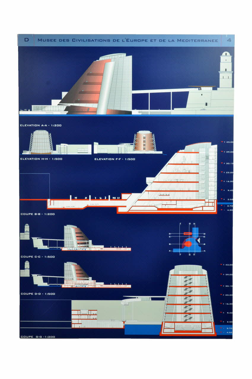 Andrea Bruno ; Sophie Jardin ; Laurent Mathoulin panneau Projet du concours d'architecture pour le Mucem J4 France 2002 2017.42.3.6 Photo Mucem