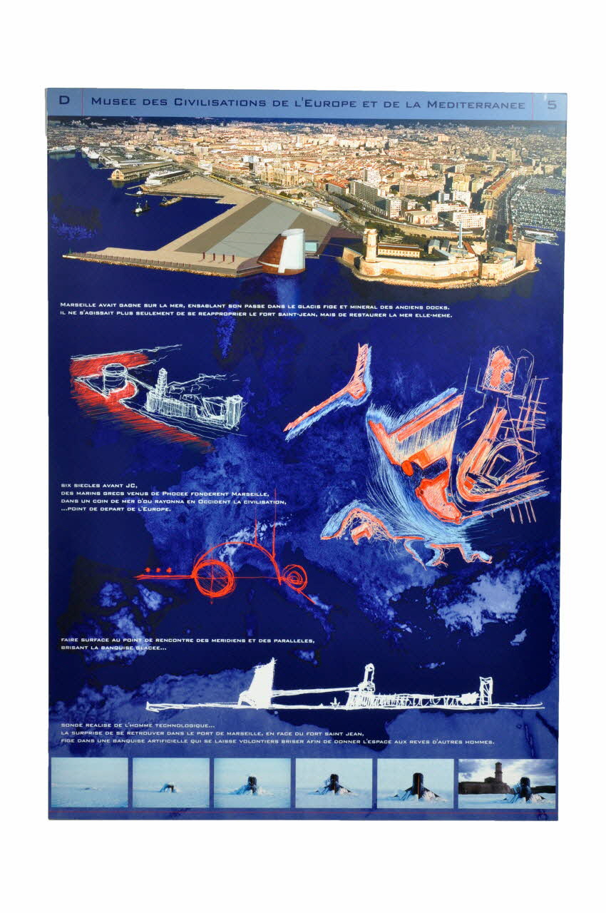 Andrea Bruno ; Sophie Jardin ; Laurent Mathoulin panneau Projet du concours d'architecture pour le Mucem J4 France 2002 2017.42.3.7 Photo Mucem