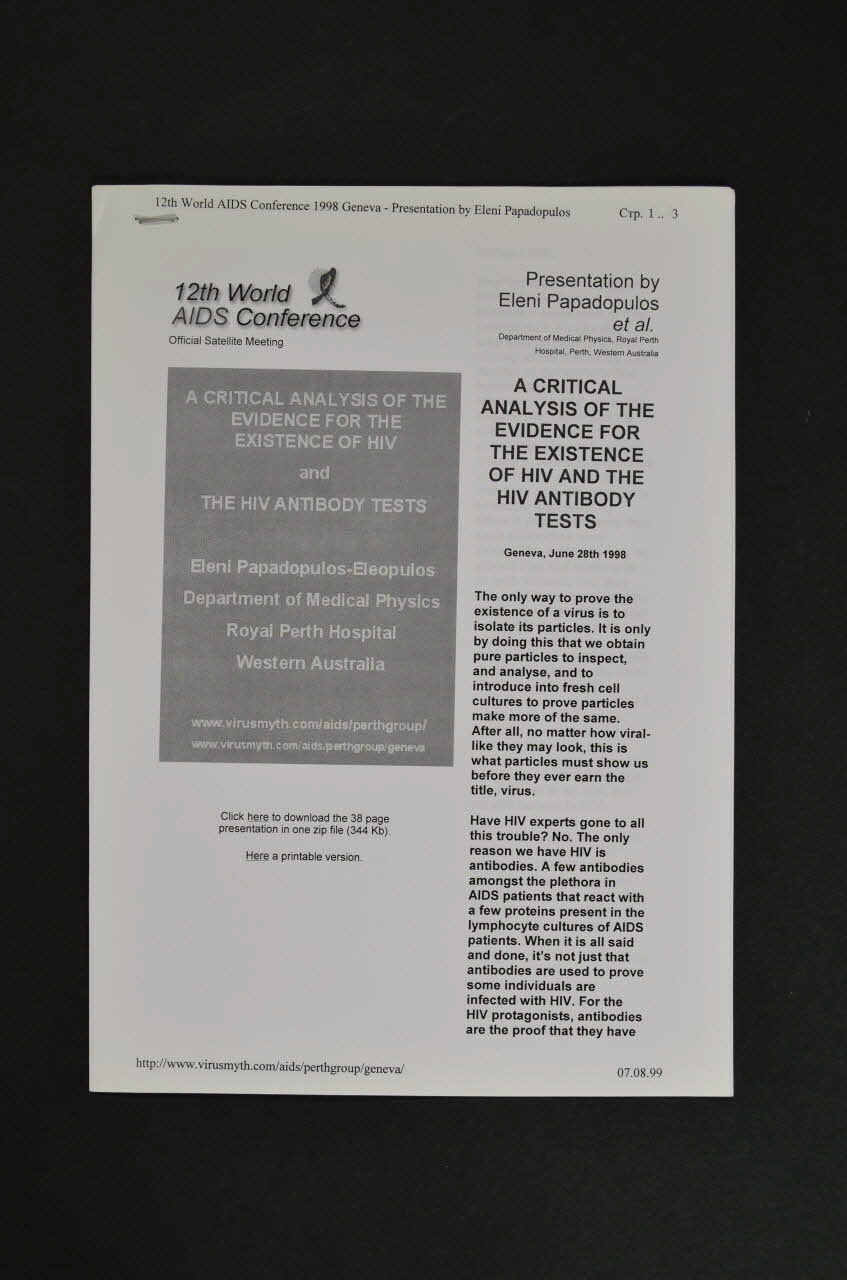 Tiré à part Dossier de présentations diverses à la 12ème conférence mondiale du sida, Genève, relatives à la mise en doute de l'existence du sida Ukraine 1998 2007.35.33.1 Photo Mucem
