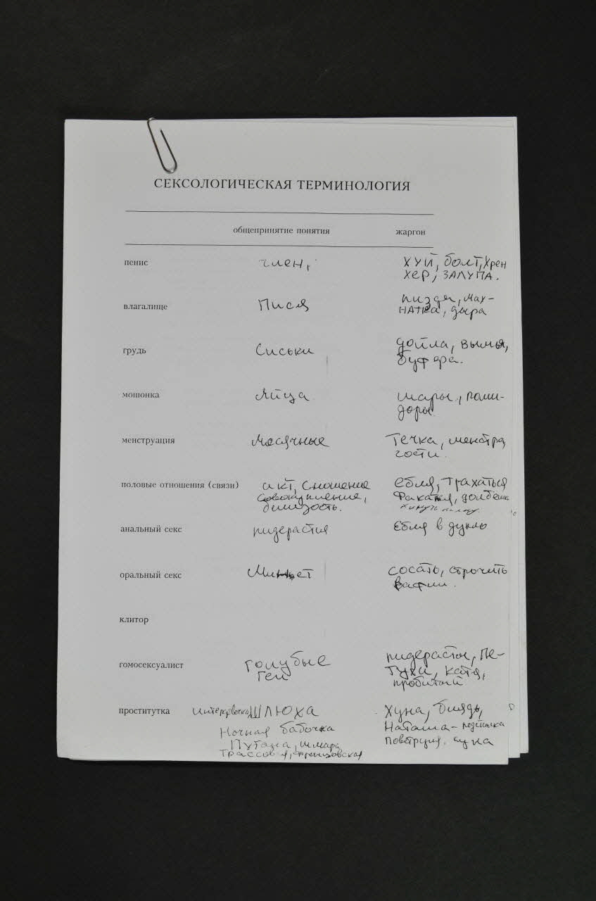 Service Médical, Odessa Photocopie Questionnaire posé aux jeunes en atelier de formation : que vous inspirent les mots : vagin, sexe, testicules... Ukraine 1997 2007.35.50 Photo Mucem