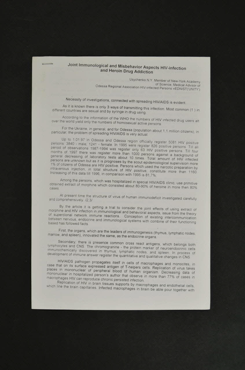 Département De La Santé - Odessa Tiré à part "Joint immunological and missbehavior aspects HIV-Infection and Heroin Drug addiction" (Aspects communs immunologiques et de mauvaises conduites dans l'infection par le VIH et l'addiction à l'héroïne) Ukraine 1998 2007.35.9 Photo Mucem