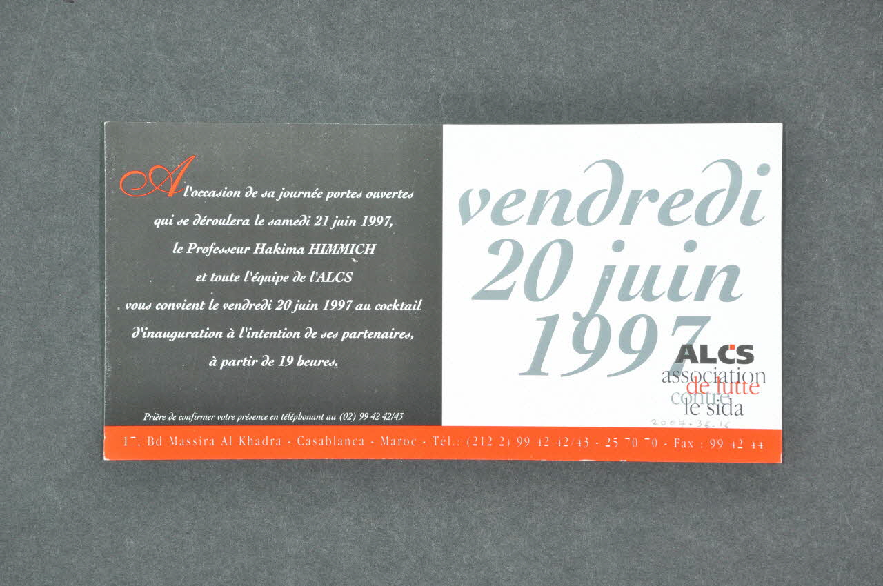 Association de Lutte Contre le Sida (ALCS) CARTON D'INVITATION Maroc 1997 2007.36.16 Photo Mucem