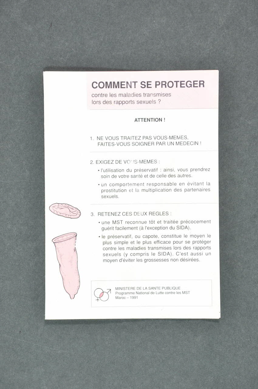Ministère De La Santé Publique - Programme National Dépliant "Comment se protéger contre les maladies transmises lors des rapports sexuels ?" (en français et en arabe) Maroc 1991 2007.38.25 Photo Mucem