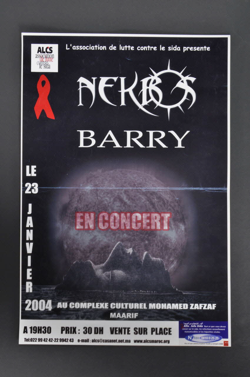 Association de Lutte Contre le Sida (ALCS) affiche "L'association de lutte contre le sida présente Nekbos Barry en concert" Maroc 2004 2007.38.4 Photo Mucem