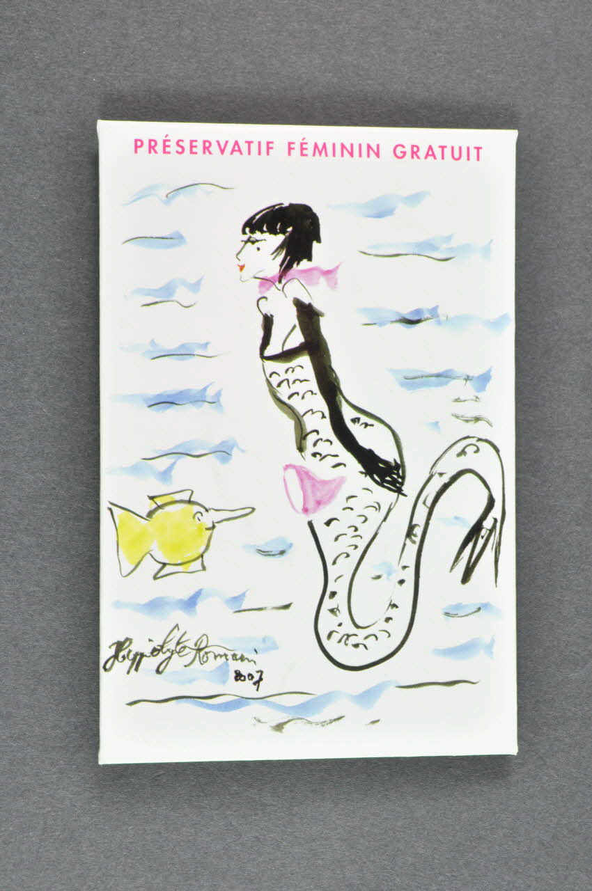 Sida Info Service / Mairie de Paris Enveloppe de préservatif féminin Enveloppe de préservatif féminin gratuit décorée par Hippolyte Romain (sirène) Île-de-France, France 2007/2 2007.39.5.1-2 Photo Mucem